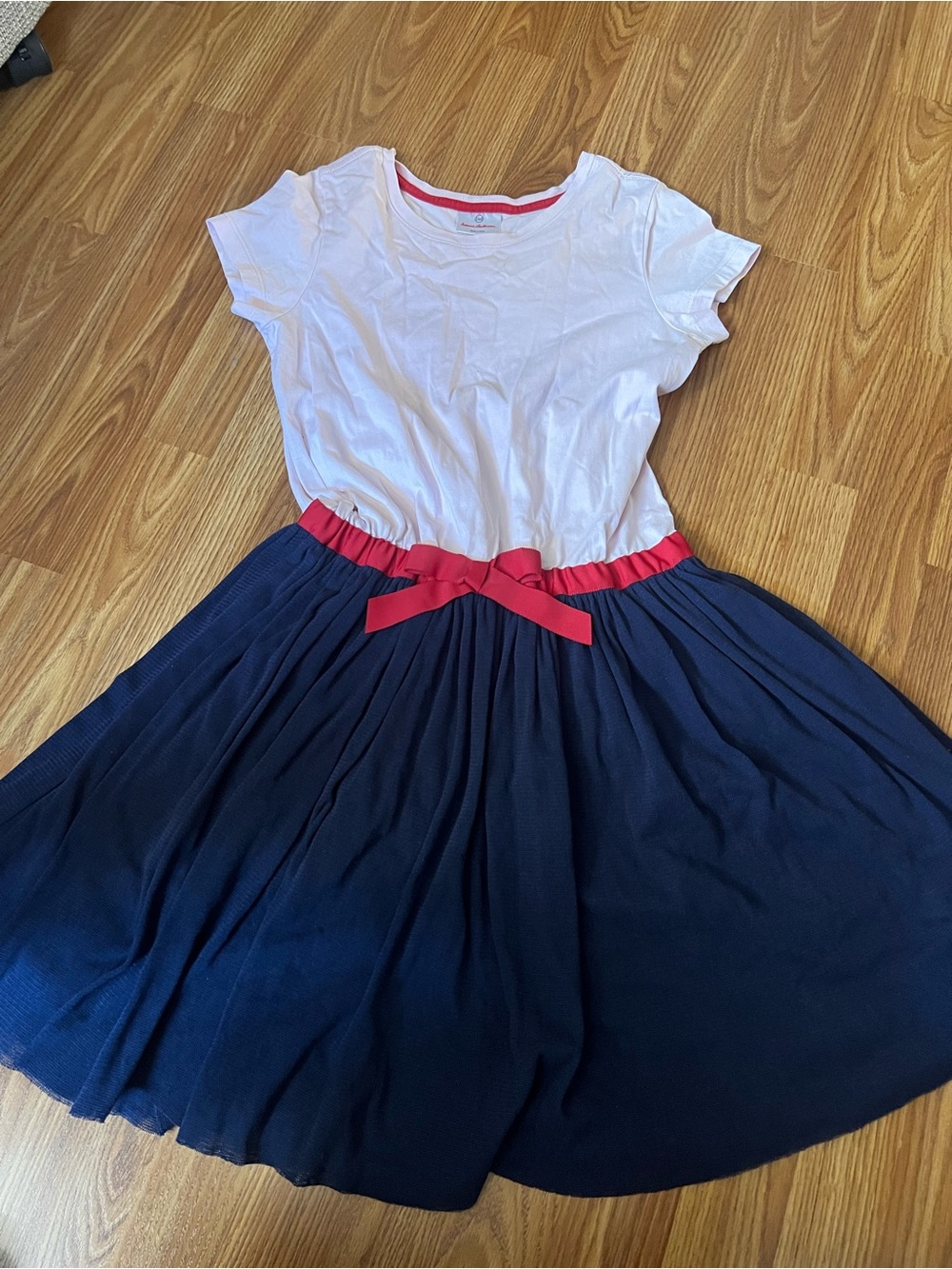 Hanna Andersson White Top Navy Skirt Dress with Pink Waist Ribbon